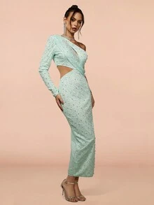 Pearls Beaded One Shoulder Cut Out Split Thigh Sequin Dress Elegant Long Sleeve Cocktail Semi Formal Prom Wedding Guest Dress, For Birthday, Graduation, Dinner, Homecoming - Mint Blue - View 6