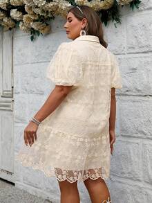 Simplee Plus Size Women Floral Embroidered Mesh Puff Sleeve Single-Breasted Dress - Apricot - View 2