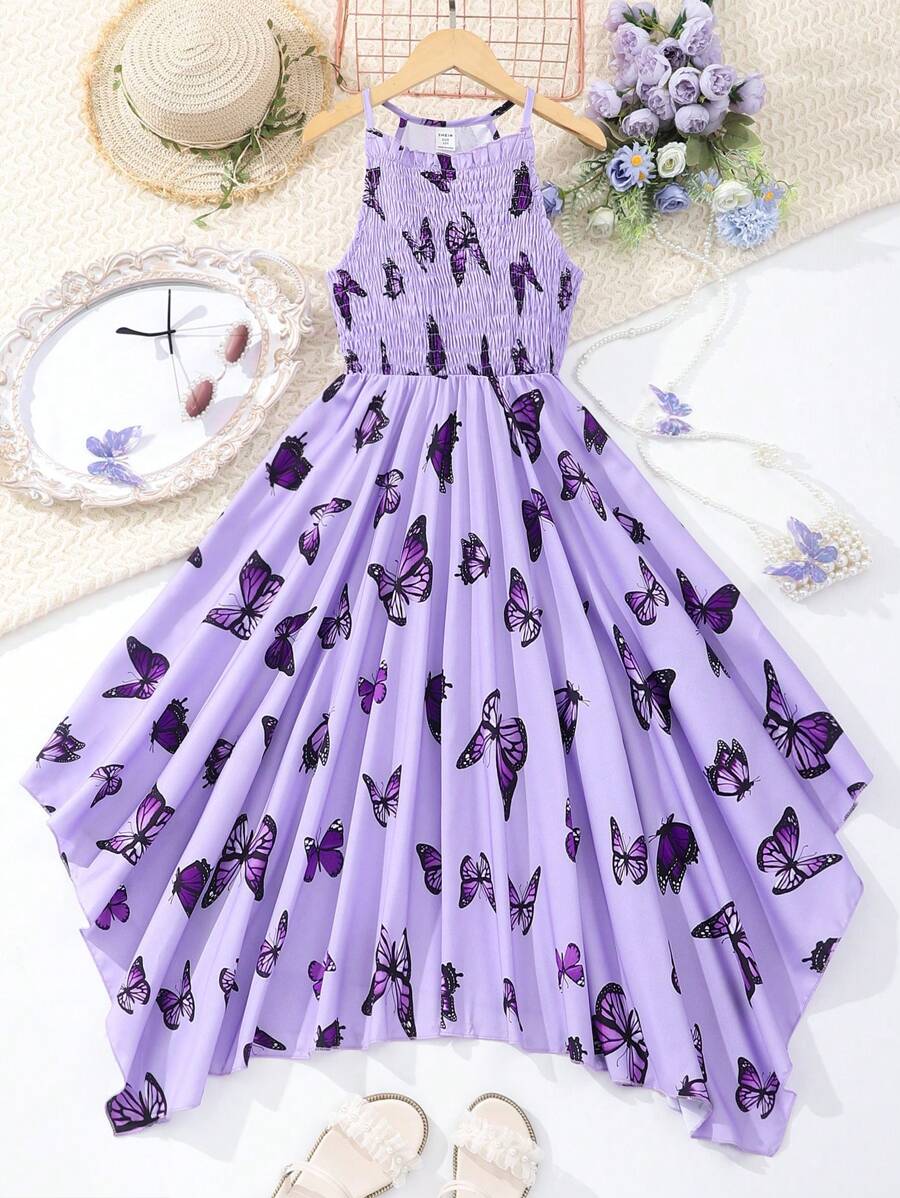 Tween Girl Butterfly Printed Spaghetti Strap Dress - Purple - View 1