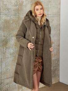 Women Patchwork Teddy Fleece Button-Up Collar Padded Coat - Coffee Brown - View 4
