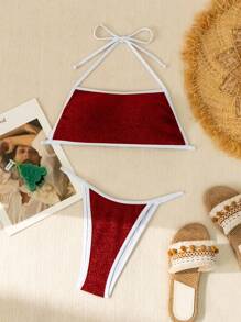 SHEIN Swim Women's Contrast Trim Colorblock Bikini Set Bra & Bikini Set Bottom Bikini Set For Summer Beach - Burgundy - View 3