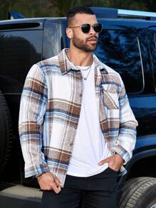 Manfinity Homme 男士加大码格子翻盖口袋衬衫式外套，秋季款 - 彩色 - 查看 1