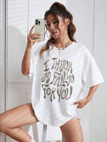 SHEIN EZwear 女士標語印花下擺垂肩t恤 - 白色 - 查看 3