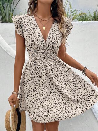 SHEIN Frenchy Robe femme col V à imprimé floral, manches papillon, taille pleine avec ceinture, col ras-du-cou