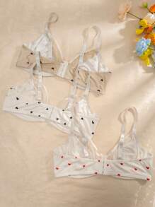 Plus 3pcs Heart Print Underwire Bra, Kawaii
