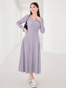 Seusyu Solid V Neck A-Line Dress Fall Cloth For Women - Dusty Purple - View 6