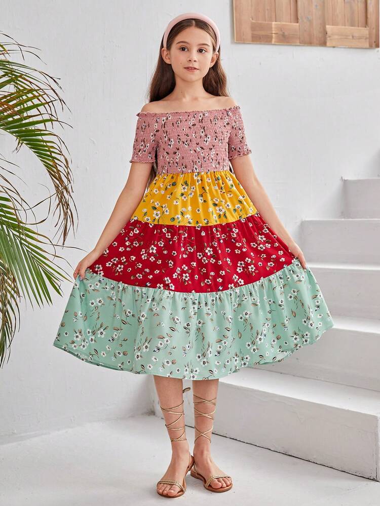 Tween Girls' Woven Ruffle Off-Shoulder Casual Dress With Floral Print And Colorblock Design