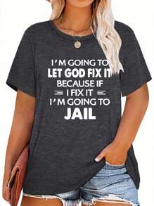Plus Size Women Slogan Print Round Neck Short Sleeve Casual Loose T-Shirt - Dark Grey - View 1