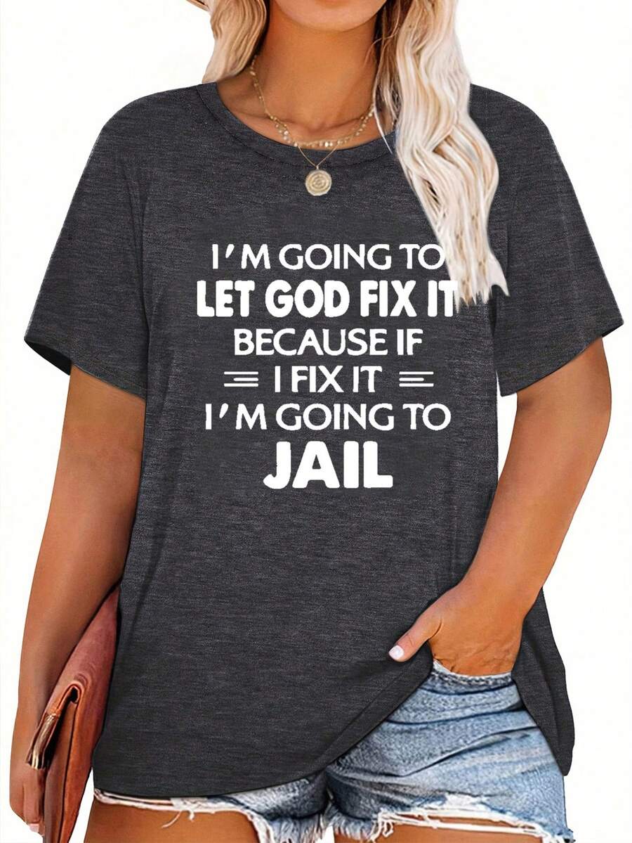 Plus Size Women Slogan Print Round Neck Short Sleeve Casual Loose T-Shirt - Dark Grey - View 1