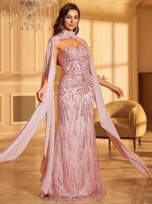 女士亮片蝙蝠袖鸡尾酒会礼服 - 粉色 - 查看 5