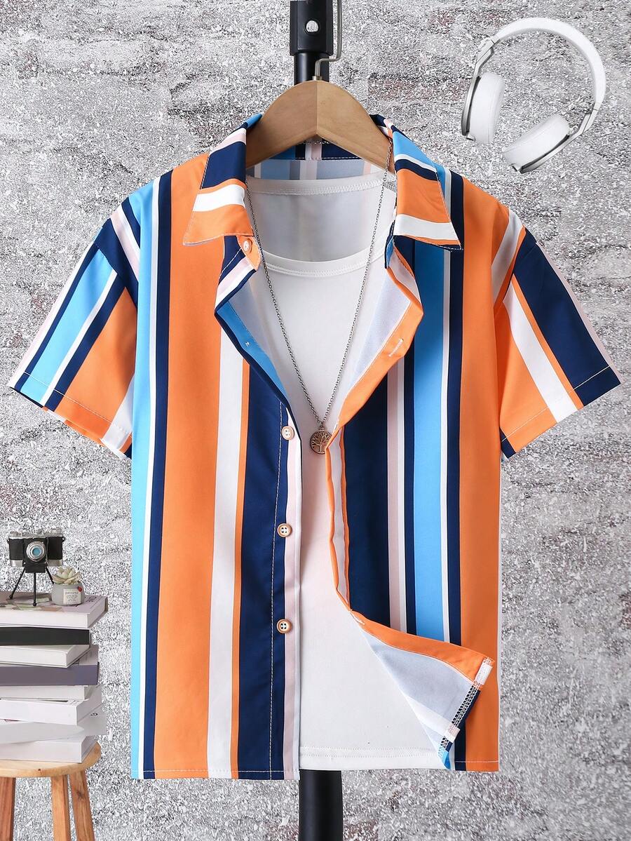 SHEIN Cậu bé Tween Đầy màu sắc Sọc dọc Mẫu Áo sơ mi - Nhiều màu - Xem 1