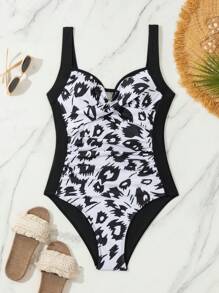 SHEIN Swim Women's Color Block Printed Criss Cross Design Ruched One-Piece Swimsuit, For Summer, Beach, Vacation, Travel, Festival, Swimming Pool, Surfing - Multicolor - View 3