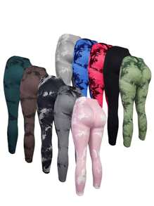 Easithlete Mallas Deportivas De Tinte Anudado Con Arreglo Fruncido En Los Glúteos - Multicolor - Ver 1