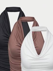 SHEIN Unity Quý cô Màu thuần Xếp li Halter Neck Áo - Nhiều màu - Xem 3