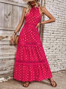 Chiquease Women'S Sleeveless Polka Dot Gold Thread Detail Halter Neck Dress - Red - View 5