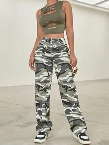 Y2K街頭迷彩印花高腰斜口袋寬鬆直筒牛仔褲，日常戶外丹寧長褲