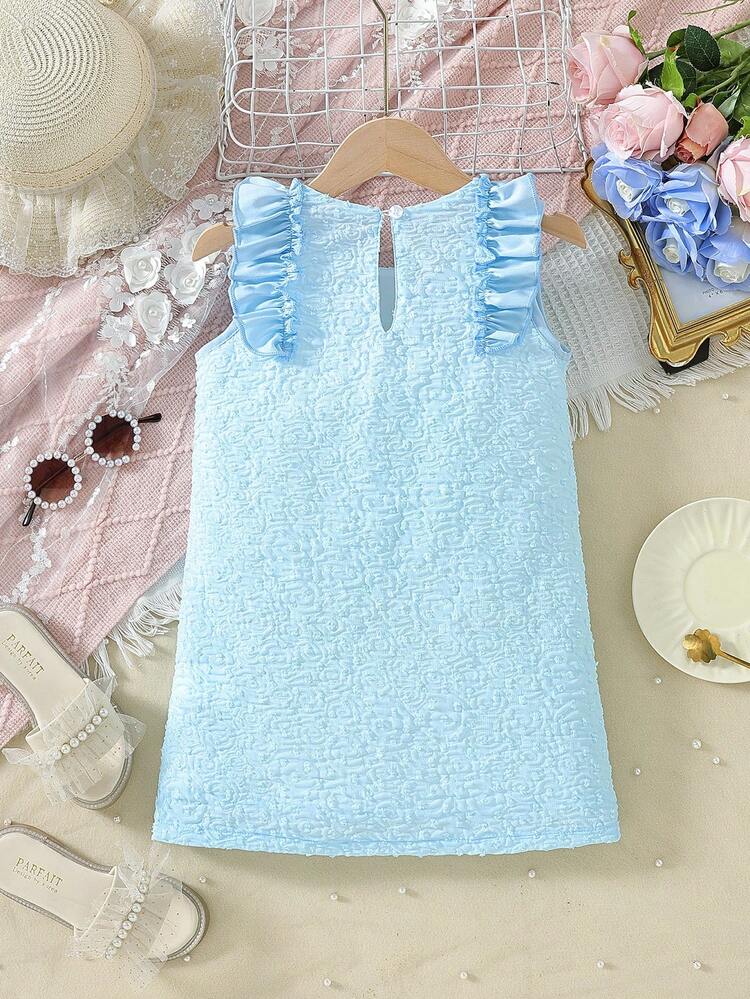 Young Girls' Elegant Style Floral Print Shoulder Ruffle Decoration Sheath Sleeveless Dress For Holiday Party Summer