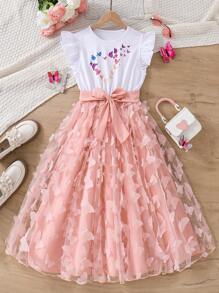 Tween Girls' Butterfly 3d Flower Design Fashionable, , Comfortable, And Vibrant Dress - Multicolor - View 3