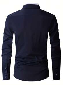 Men Contrast Trim Button Up Shirt - Navy Blue - View 2