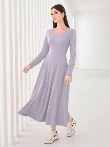 Seusyu Solid V Neck A-Line Dress Fall Cloth For Women - Dusty Purple - View 4