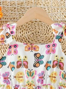 SHEIN Young Girls' Cute Bowknot Pattern Printed Spaghetti Strap Dress With Bow-Knot Decor For Holiday Party Summer - Multicolor - View 3