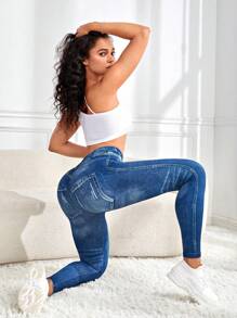 Easithlete Wide Waistband Denim Effect Sports Leggings workout leggings - Blue - View 2