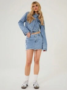 MUSERA 不对称下摆短款牛仔夹克，90年代Y2K街头风，春夏款 - 藍色 - 查看 5