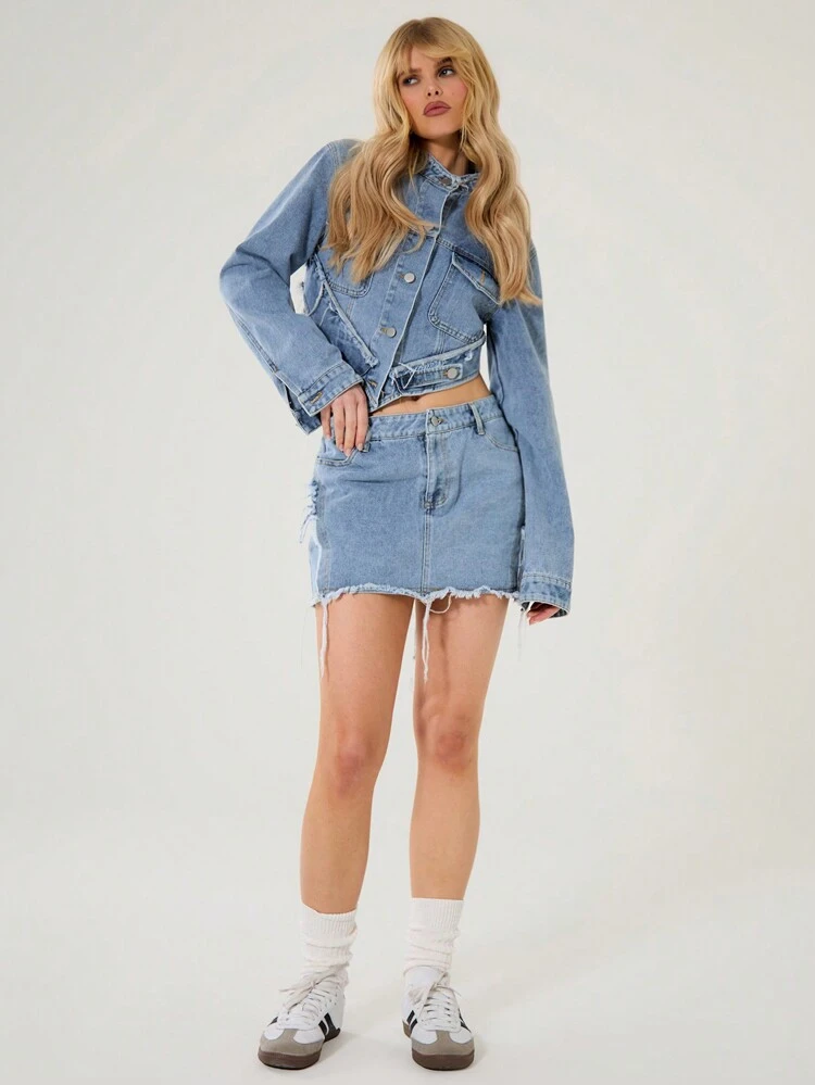 Asymmetric Hem Cropped Denim Jacket Spring 90's Y2k Streetwear Summer