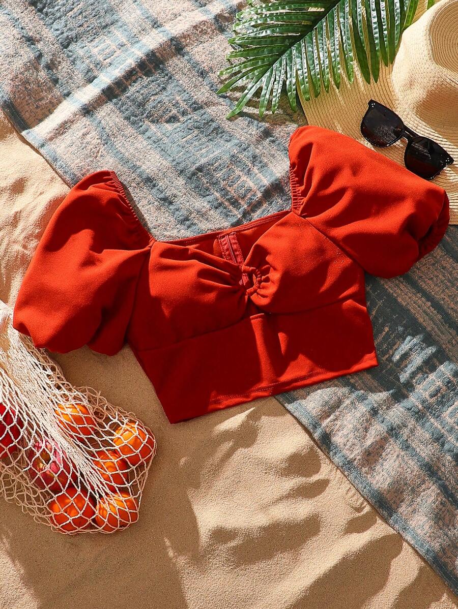 SHEIN VCAY Của phụ nữ Kỳ nghỉ Ống tay áo Người yêu Vòng cổ Áo - trái cam - Xem 1