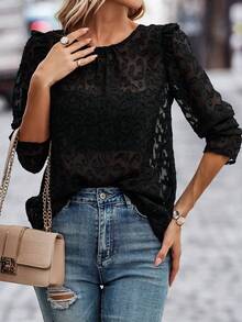 SHEIN LUNE Women's Cutout Puff Sleeve Popover Shirt With Back Button Decor - Black - View 5