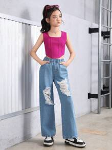 SHEIN 青少女鉤織魚骨紋粉色方領背心頂部和破洞牛仔褲套裝,適用於春夏季節 - 彩色 - 查看 1