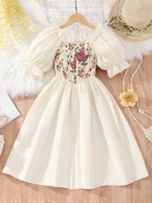 Teen Girl Floral Printed Waist Cinched Dress - Apricot - View 2