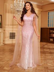 Sequin V-Neck Splice Mesh Sprinkle Dress - Pink - View 3