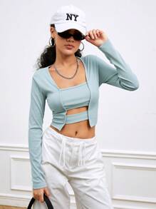 SHEIN Sports Women's Hollow Out Cropped Long Sleeve T-Shirt - Grey - View 4