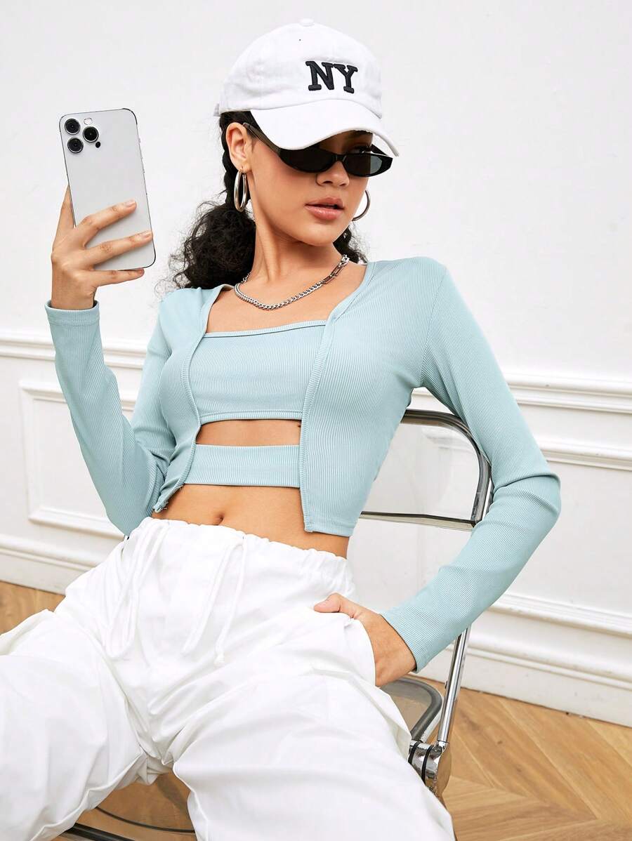 SHEIN Sports Women's Hollow Out Cropped Long Sleeve T-Shirt - Grey - View 1