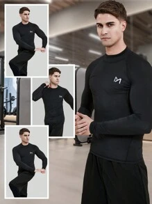 Camiseta deportiva de manga raglán estilo novio para hombre, Camiseta básica estilo novio para hombre, Top de compresión estilo novio para hombre - Negro - Ver 6