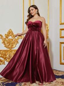 Vestido Formal De Satén De Muslo Dividido Para Tallas Grandes - Burdeos - Ver 6