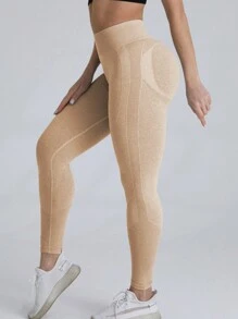 Yoga Basic 瑜伽打底褲無縫高彈力收復運動緊身褲 - 卡其色 - 查看 4