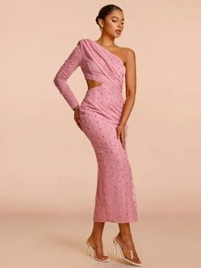 One Shoulder Cut Out Split Thigh Pearls Detail Dress - Pink - View 7