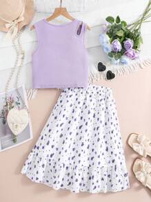 Teen Girls' Solid Color Hollow Out Vest And Printed Ruffle Hem Skirt Set - Purple - View 2