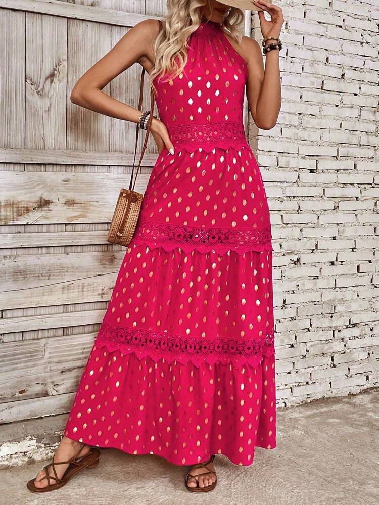 Women'S Sleeveless Polka Dot Gold Thread Detail Halter Neck Dress