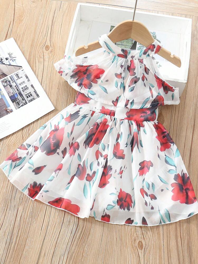 Baby Girl Floral Printed Chiffon Cold Shoulder Dress