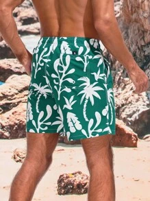 Surfspeed Men'S Drawstring Waist Beach Shorts With Plant Print - Green - View 2