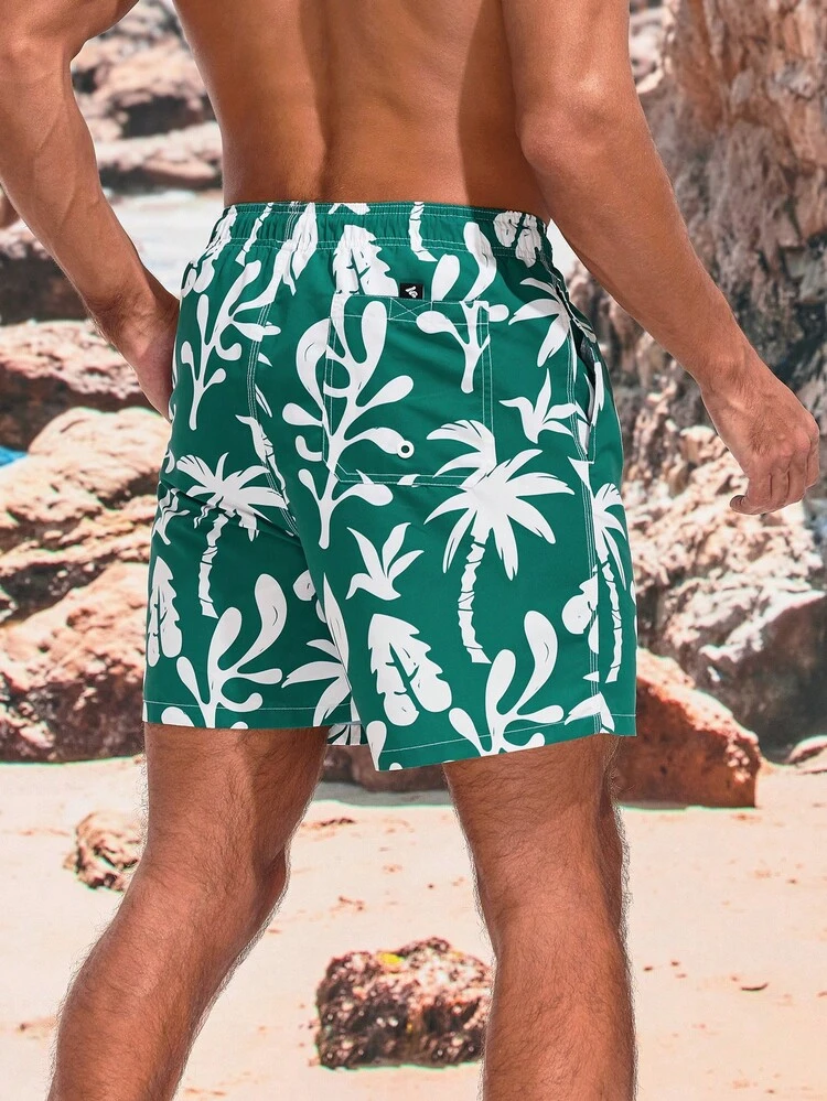 Men'S Drawstring Waist Beach Shorts With Plant Print
