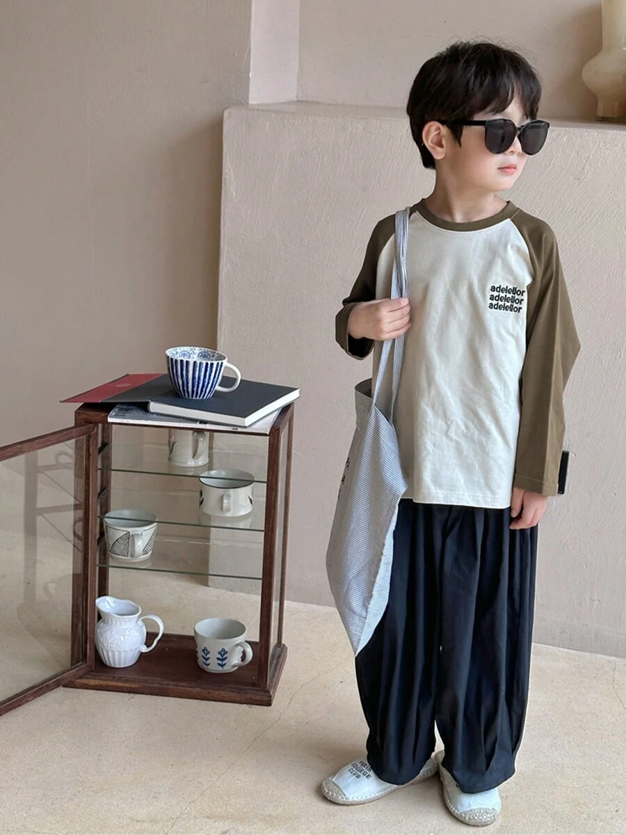 早春/夏季時尚男童字母刺繡彩色拼接寬鬆套頭襯衫，設圓肩袖 - 杏色 - 查看 1