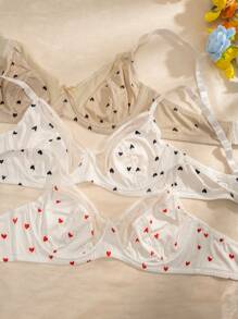 Plus 3pcs Heart Print Underwire Bra, Kawaii