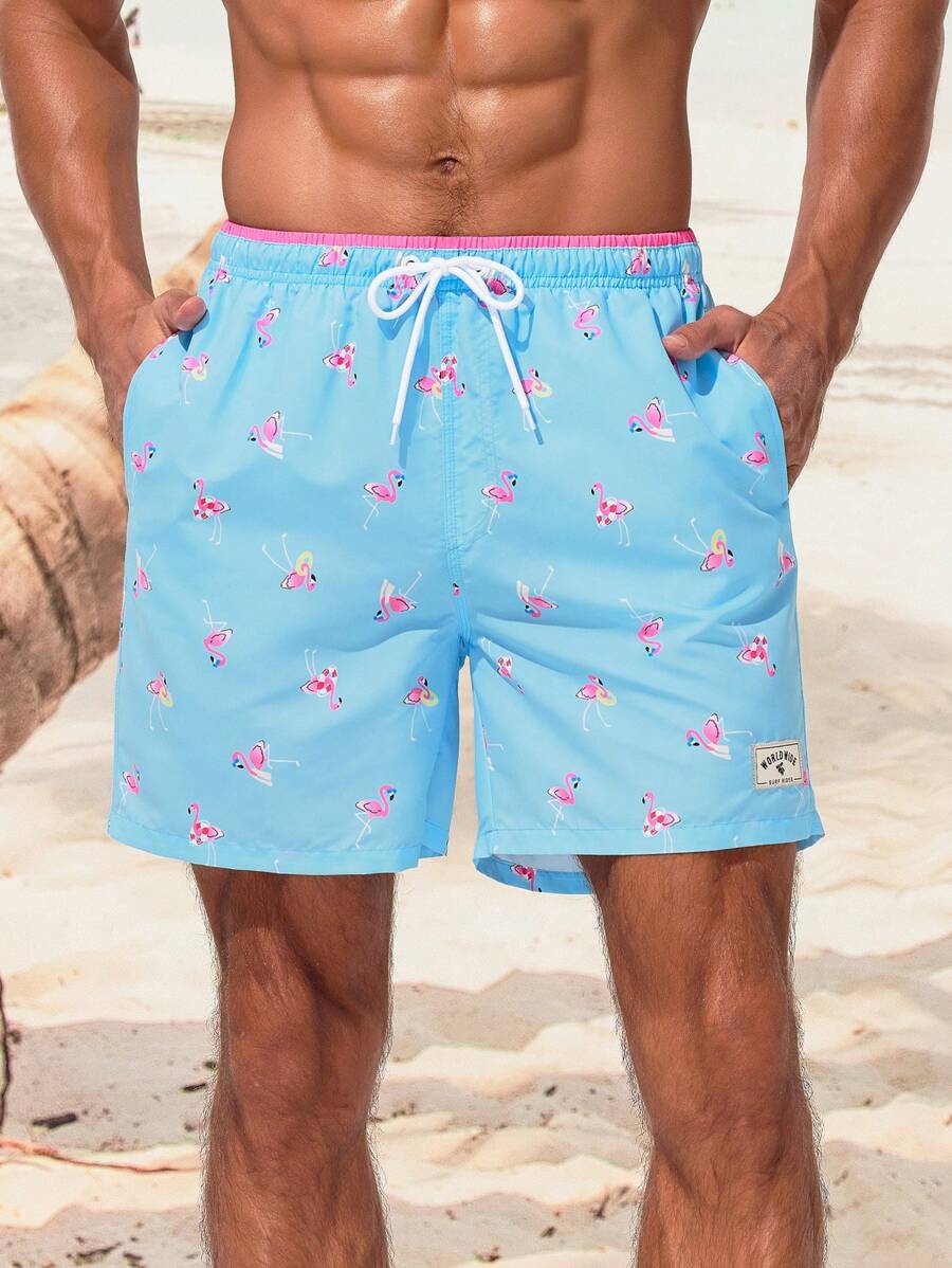 Manfinity Men'S Flamingo Printed Drawstring Beach Shorts - Blue - View 1