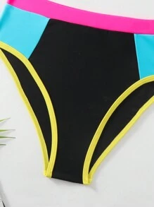 BamGleam Women's Summer Beach Contrast Neon Trim V-Neck Bikini Set - Black - View 5