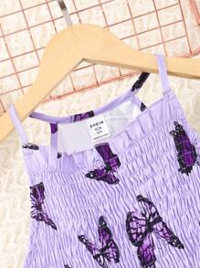 Tween Girl Butterfly Printed Spaghetti Strap Dress - Purple - View 5
