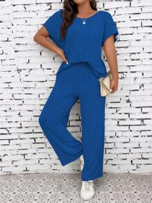 Talla Grande Traje De Pantalón Y Camiseta De Cuello Redondo Acanalados